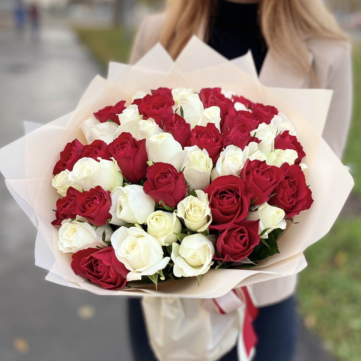 51 роза белого и красного цвета